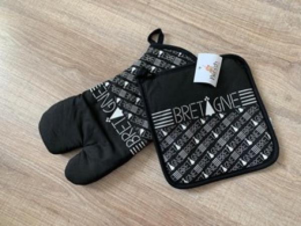 Handschuh und Topflappen Bretagne schwarz aus Baumwolle im bretonischen Stil